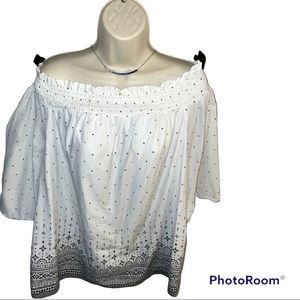 Lane Bryant white with blue design Off shoulder summer blouse size 14/16